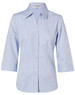 A light blue women's fine chambray shirt with 3/4 sleeves and a button-up front. Features a collar and a logo.