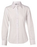 A white women's long sleeve cotton/poly stretch button-up shirt with a collar and branding.