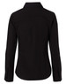 A black women's long-sleeve button-up shirt featuring a classic collar and fitted design. Includes branding.