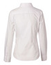 A women's white long-sleeve cotton/poly stretch button-up shirt, featuring a back view and a logo on the label.