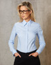 A light blue women's fine twill long sleeve button-up shirt, featuring a collar and long sleeves.