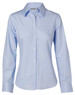 A light blue women's fine twill long-sleeve button-up shirt with a collar and buttons. Features branding.