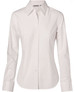 A white women's fine twill long sleeve button-up shirt with a collar and logo on the label.