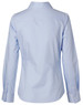 A light blue women's long sleeve button-up shirt with a collar and buttoned cuffs, featuring a logo on the back.