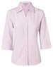 A lilac button-up shirt featuring a collar and 3/4 sleeves, with a logo on the label.