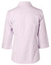 A pale lavender women's 3/4 sleeve button-up shirt, featuring a classic collar and a branded logo.