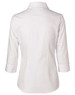 A white women's button-up shirt with 3/4 sleeves and a standard collar, featuring a logo.
