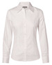 A white women's long-sleeve button-up shirt with self-stripes and a collar, featuring a branded label.