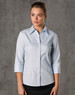 A light blue women's 3/4 sleeve button-up shirt with a self-stripe pattern and a logo.
