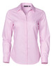 A pink long-sleeve button-up shirt with a dobby striped pattern and a branding label at the collar.