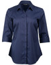 A navy blue button-up shirt with 3/4 sleeves and a modern fit, featuring a logo on the collar.