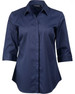 A navy blue button-up shirt with 3/4 sleeves and a modern fit, featuring a logo on the collar.