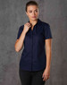 A navy blue short-sleeved button-up shirt for women, featuring a sleek design and a subtle texture.