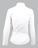 A white women's long sleeve button-up shirt featuring a tuck front design and a collar. The back view is displayed.