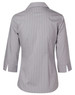 A women's button-up shirt featuring a grey and white ticking stripe design with 3/4 sleeves and a collar.