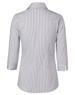 A button-up shirt in a white and navy ticking stripe design, featuring 3/4 length sleeves and a collar.