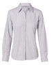 A light grey women's fine stripe long sleeve button-up shirt with a classic collar and button closure.
