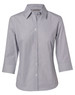 A women's button-up shirt in light grey with fine stripes and 3/4 sleeves. The shirt features a collar and buttons.