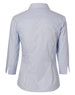 A light blue women's fine stripe button-up shirt with 3/4 sleeves, featuring a classic collar and a fitted silhouette.