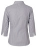 A grey women's button-up shirt featuring fine stripes and 3/4 sleeves, with a logo on the back.
