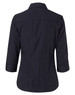 A women's navy pinstripe button-up shirt featuring 3/4 sleeves and a collar, with a logo present on the design.