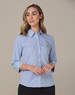 A women's button-up shirt featuring blue and white stripes and 3/4 sleeves, with a collar and a logo.