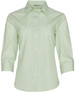 A green striped 3/4 sleeve button-up shirt featuring a collar and a logo on the label.