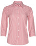 A women's button-up shirt with a red and white stripe pattern and 3/4 sleeves. Features a collar and buttons.