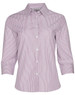 A striped women's button-up shirt with three-quarter sleeves in red and white. Features a collar and a logo.