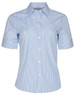 A blue and white striped women's short sleeve button-up shirt featuring a collar and a logo.