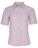 A short sleeve button-up shirt in red and white stripes, featuring a single chest pocket and a branded label.