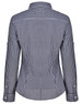 A women's long-sleeve button-up shirt in navy and white gingham check pattern, featuring a roll-up sleeve design and a logo.