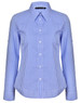 A blue and white gingham check long-sleeve button-up shirt with roll-up sleeve option and a collar.