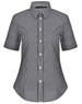 A black and white gingham check short-sleeve button-up shirt with a collar, featuring a logo on the label.