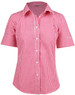 A short-sleeve button-up shirt in red and white gingham check pattern, featuring a collar and a branded label.