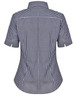 A women's short-sleeve button-up shirt featuring a navy and white gingham check pattern, with a fitted design and collar.