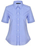 A blue and white gingham check short-sleeve button-up shirt with a collar. Features a logo on the label.
