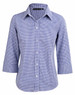 A blue and white check 3/4 sleeve button-up shirt featuring an embroidered logo on the collar.