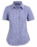 A ladies' short-sleeve button-up shirt featuring a blue and white check pattern, designed with a fitted shape.