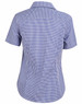 A short-sleeved, two-tone check button-up shirt in blue and white with a fitted silhouette. Features a logo on the back.