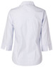 A light blue women's button-up shirt with 3/4 sleeves and an open collar, featuring a back view.