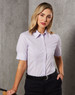 A women's short-sleeved button-up shirt in light purple with a collar and a logo.