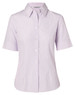 A women's short-sleeved button-up shirt in a light lavender mini check pattern, featuring a collar and a fitted silhouette.