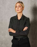A black ladies' button-up shirt with a pin dot pattern and long sleeves, featuring a logo.