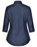 A navy blue ladies' button-up shirt with a pin dot pattern and 3/4 sleeves, featuring a collar and back yoke.