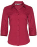 A red 3/4 sleeve shirt with a collar and buttons, featuring a logo on the label.