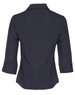 A dark navy women's 3/4 sleeve shirt featuring a collared design and rolled sleeves, with a logo on the back.