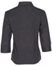 A dark grey women's 3/4 sleeve shirt with a collared neckline and a logo on the back.