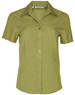 A short-sleeved, collared women's shirt in a light green shade. It features a button-down front and has a logo.