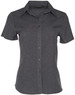 A grey short sleeve shirt with a collar, featuring a button front and a branded logo at the neck.
